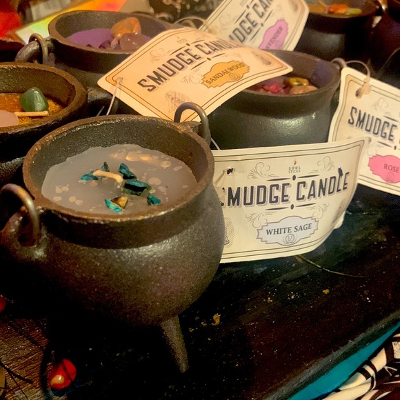 SMUDGE CANDLE kit w/Cauldron & Lid, Sage, Palo Santo & 2 stones. - Picture 11 of 12